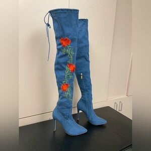 X2B Rosemary thigh high embroidered denim boot EUC Size 5.5